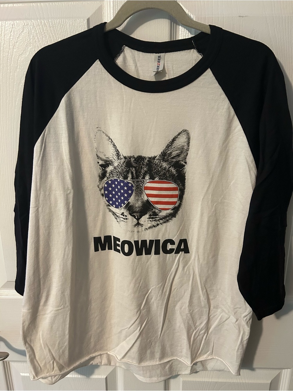 Jerzees MEOWICA Cat Raglan Shirt - Black & White with Red & Blue Accent